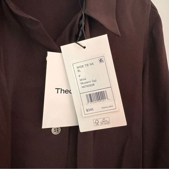 Theory Moder Tie Neck Silk Button-Up Blouse in Mink - Picture 4 of 6